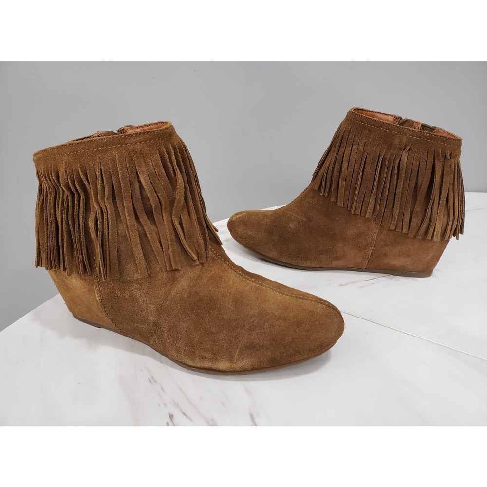 Brown Tan Suede Leather Wedge Fringe Boot Bootie Hippie Festival Boho Coachella